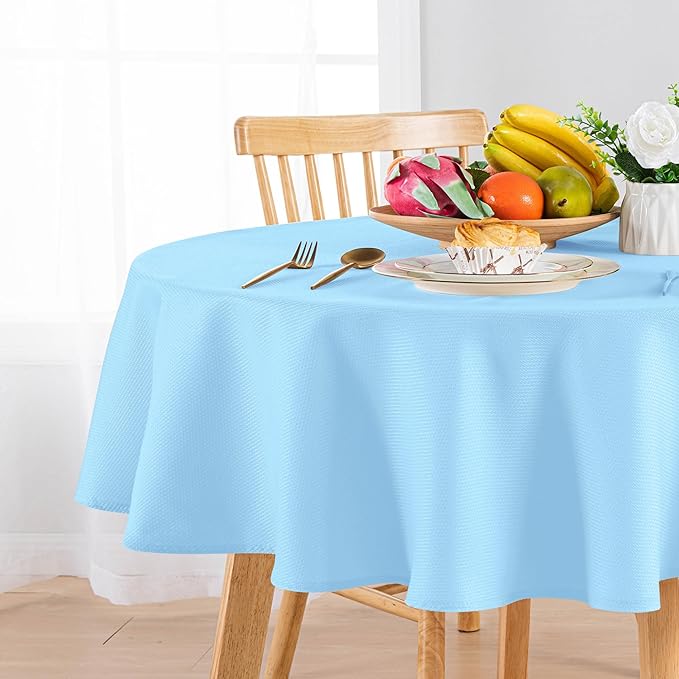 Hiasan Round Textured Tablecloth 60 Inch - Waterproof Spillproof Antiwrinkle Jacquard Table Cloth, Decorative Polyester Table Cover for Kitchen, Outdoor Picnic, Holiday and Parties, Light Blue