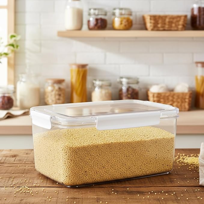 Rice Container Airtight Food Storage Containers with Lids, Transparent Cereal Dispenser Bin for Bread,Coffee Beans,Cookies,Flour,Grain Cereal Soybean Corn,Begie,Pet Dog Cat Food Storage Container
