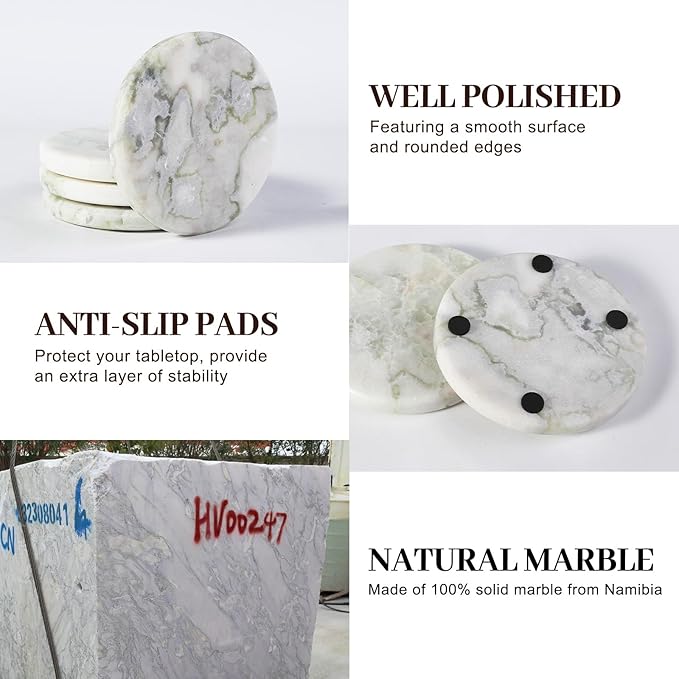 Koville Marble Coaster Set of 4, Round White Coasters, 4" Cup Coasters for Drinks, Heat Resistant Coaster for Coffee Table Home Office Bar Decor(Bianco Palomino)