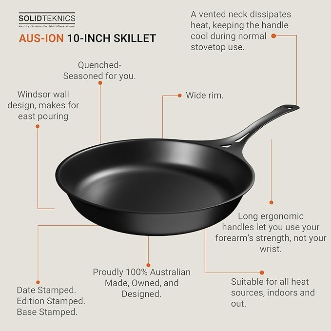 SOLIDTEKNICS AUS-ION Lightning Long Handle Skillet Set - 10-Inch Seasoned Iron Frying Pan with Lil Flippa Stainless Spatula & Mini Scraper - Stovetop, Oven Ready & Campfire Cooking