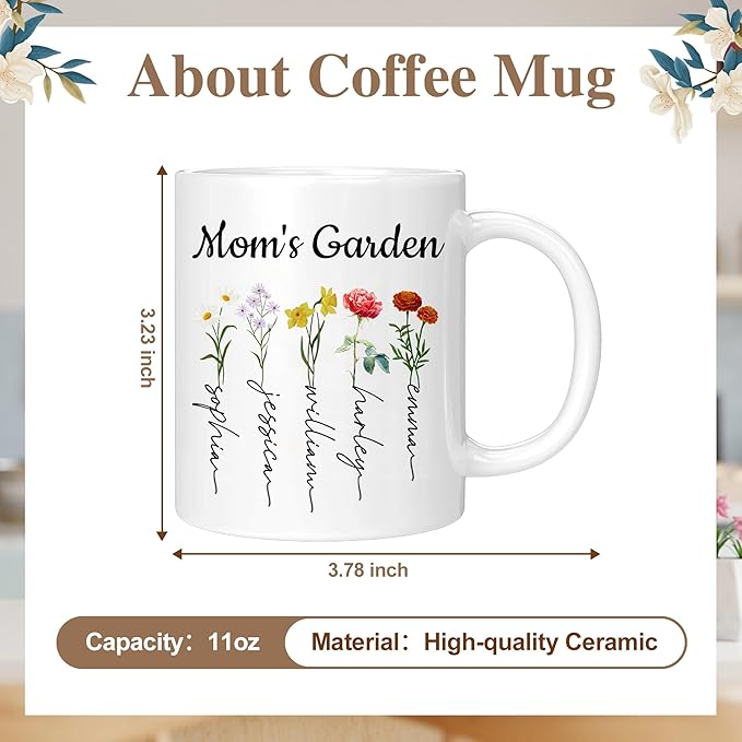 Custom Christmas Coffee Mug Gifts for Mom,11oz Personalized Ceramic Mama Cup with Photo Text & Birth Flower, Customized Birthday Gift for New Moms (Mom-Flowers & Names)