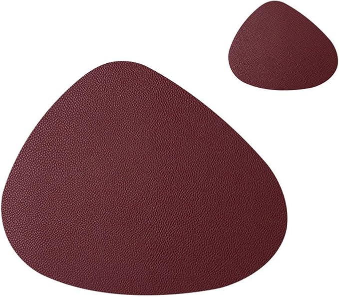 Leather Pads Nordic Creatives Dinette Mat Triangle Elliptical Waterproof Oil Insulated Dining Table Placemat and Coaster Set(Lafite red)