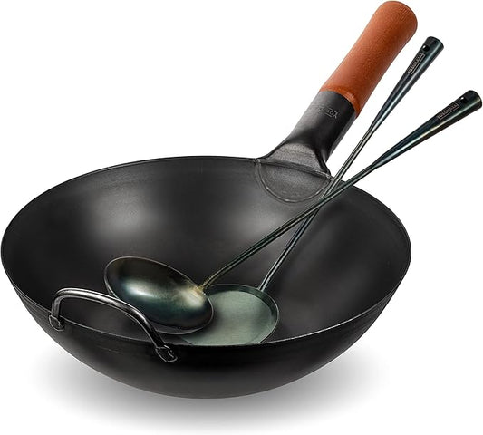 YOSUKATA Carbon Steel Wok Pan – 11,8 “ Woks and Stir Fry Pans + Pre-Seasoned Wok Utensils Set - Blue Carbon Steel 17-inch Wok Spatula, Wok Ladle, 3 pairs of Chopsticks Visit the Store