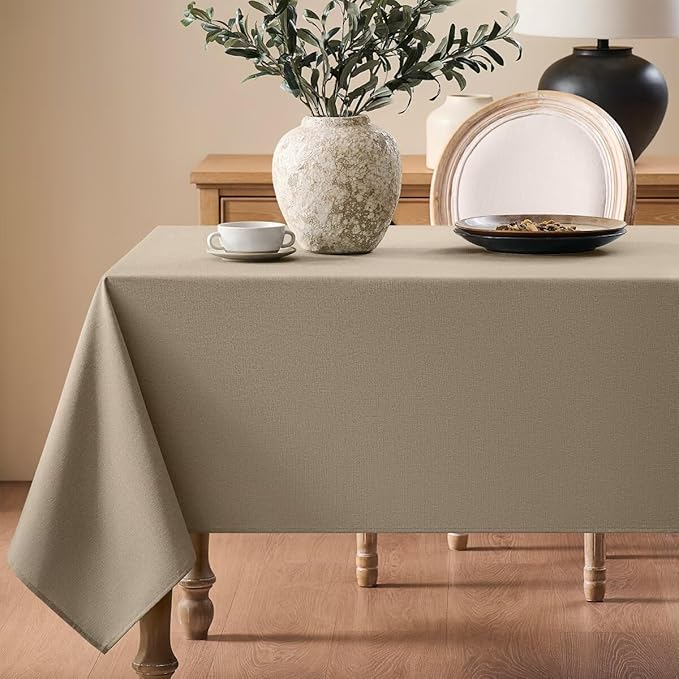 Faux Linen Tablecloths for Rectangle Tables, Burlap Textured Table Cloths Washable Farmhouse Table Cover Water Resistant for Dining, Wedding, Outdoor(Khaki, 60"×84")