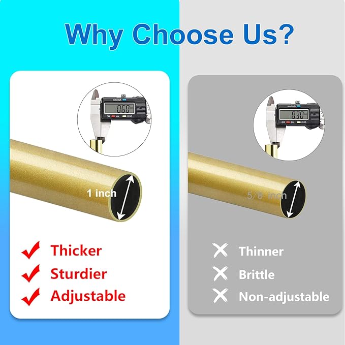 Curtain Rods for Windows 16 to 48 or 60 Inches Max Adjustable Length 1 Inch Diameter Window Curtain Rod with Aluminium Finials, Flash Gold