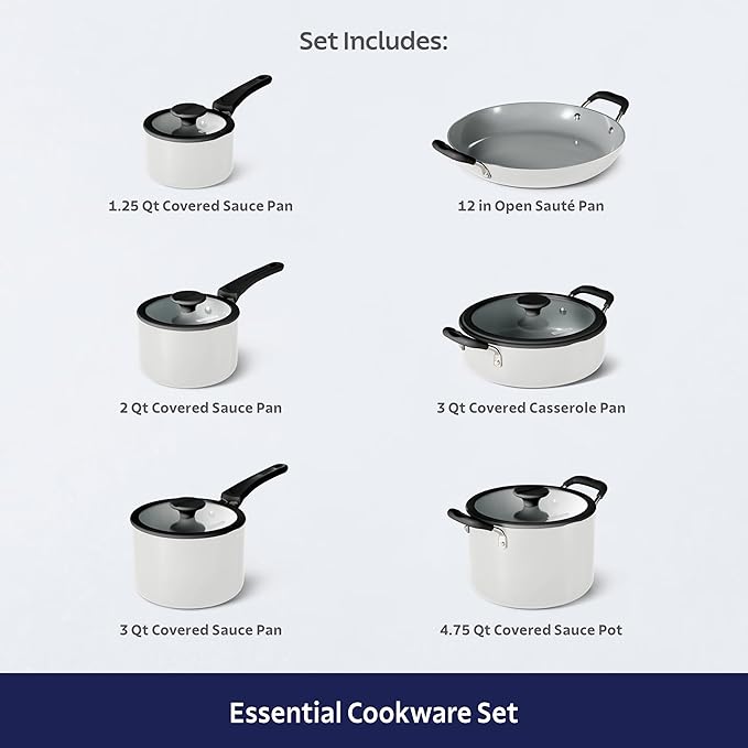 Tramontina Ceramic Non Stick 11-Piece Nesting Pots and Pans Set with Lids - Stackable Nonstick Cookware Set, Dishwasher and Oven Safe, White