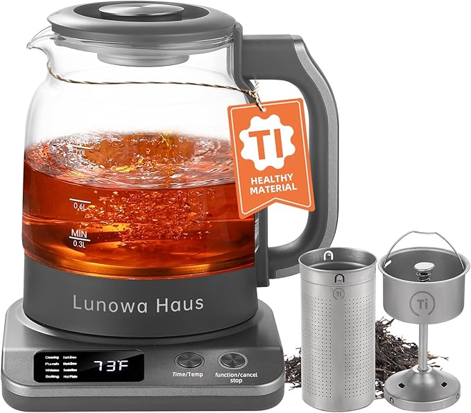 Titanium & Glass Electric Tea Kettle & Tea Maker, Pro Steam Extraction, 11 Temp & 10 Strength Levels, 12H Auto Warm, 1.2L 600W 120V,BPA-Free, 2Infusers