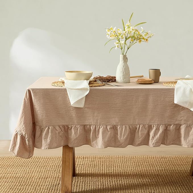MONDAY MOOSE Ruffle Farmhouse Rustic Rectangle Natural Stonewashed Cotton Tablecloth for Kitchen, Dining Room, Restaurant (60x86 inch, Natural)