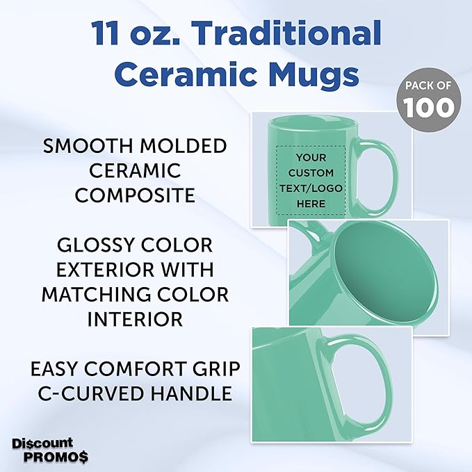 Custom Ceramic Coffee Mugs 11 oz. Set of 100, Personalized Bulk Pack - Coffee cup set, Iced coffee cup, Gaming mug - Teal