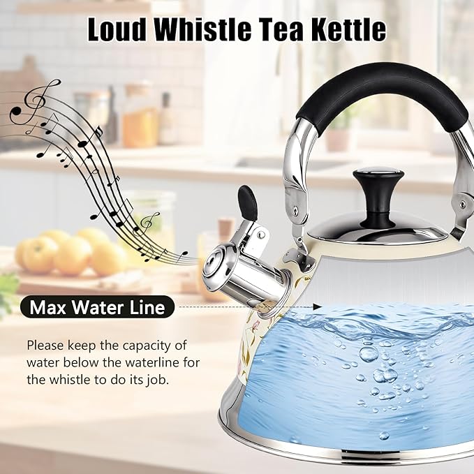 Stainless Steel Whistling Tea Kettle Stovetop - 3.1QT Tea Pot for Stove Top, Vintage Floral Print, Foldable Handle, 304 Stainless Steel Interior Teatop for Tea, Coffee, Party & Gift