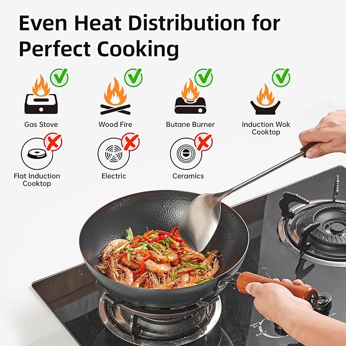11 Inch Round Bottom Wok, Cold-Forged Iron Wok with Glass Lid, Carbon Steel Wok with Wooden Handle, Heavy-Duty Stir Fry Pan for Gas Stoves and Round-Bottom Induction Stovetop