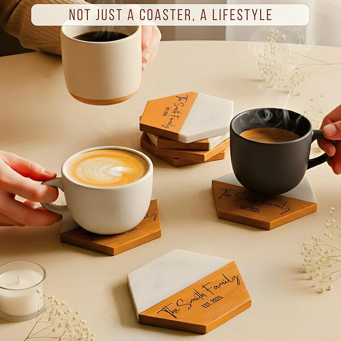Personalized Wooden Coasters – Handmade Drink Coaster, Custom Wedding, Anniversary, Engagement, Housewarming, New Home, Newlywed, Bridal Shower Gift for Couple, Valentines Day Gifts for Her, Him