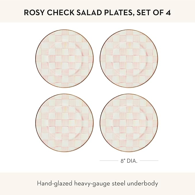 MACKENZIE-CHILDS Enamel Salad and Dessert Plate, Small Plate for Appetizers or Desserts, 8 Inches, Set of 4, Pink-and-White Rosy Check
