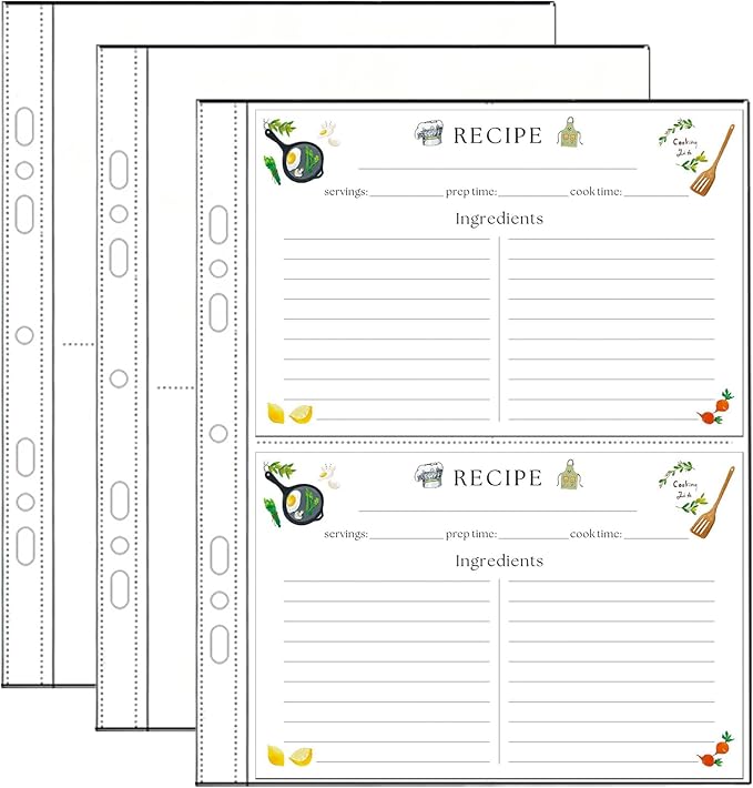 Recipe Card Page Protectors, fit 6-Ring Recipe Binder & 3-Ring Binder (8.5" x 9.5"), 2 Pockets Per Page, Recipe Binder Refill Pages