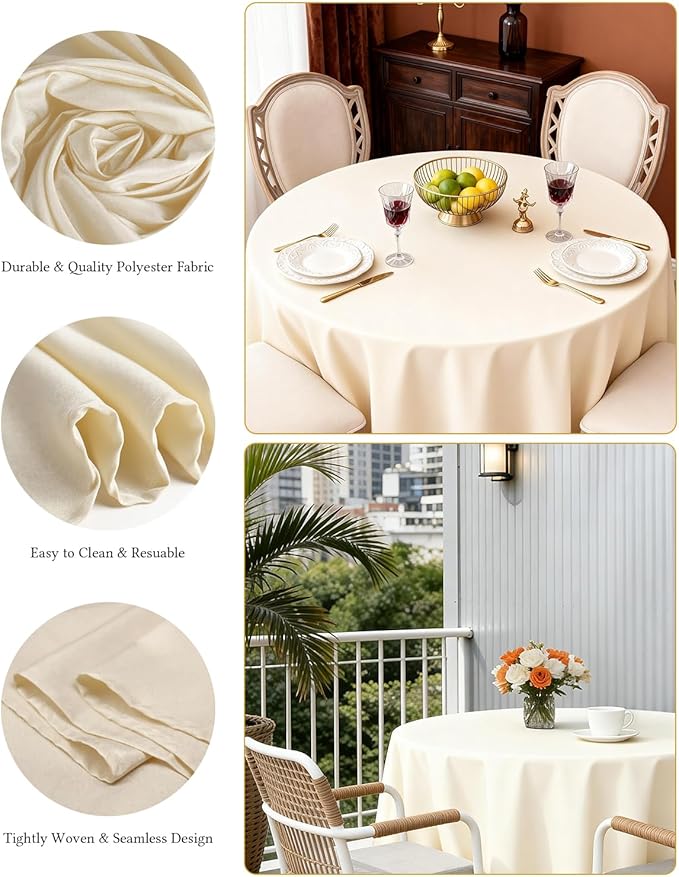 BESTVIP 6 Pack 60" Ivory Ivory Round Decorative Tablecloths - Polyester Fabric Washable Table Cloth Cover for Wedding, Reception, Banquet, Birthday Party, Buffet, Restaurant