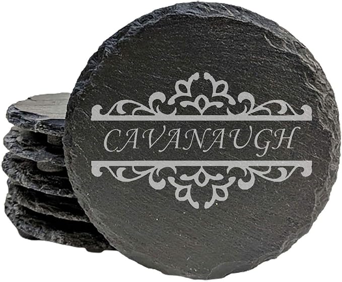 Personalized Monogram Family Coasters, Natural Stone Set, Birthday, Wedding, Customized, Rustic - Round Slate - Set of 8