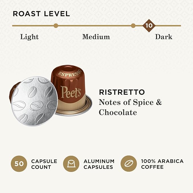 Peet's Coffee, Dark Roast Espresso Capsules, Compatible with Nespresso Original Machine, 100% Arabica Coffee - Ristretto Intensity 10, 50 Count (5 Boxes of 10 Espresso Capsules)