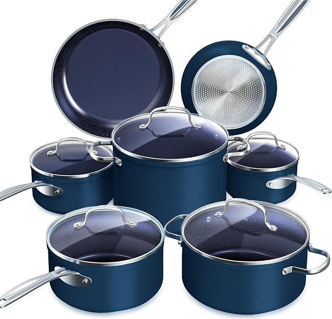 Nuwave Healthy Duralon Blue Ceramic Nonstick 12pc Cookware Set,Diamond Infused Scratch-Resistant,PFAS Free,Dishwasher & Oven Safe,Induction Ready & Evenly Heats, Tempered Glass Lids, Stay-Cool Handles
