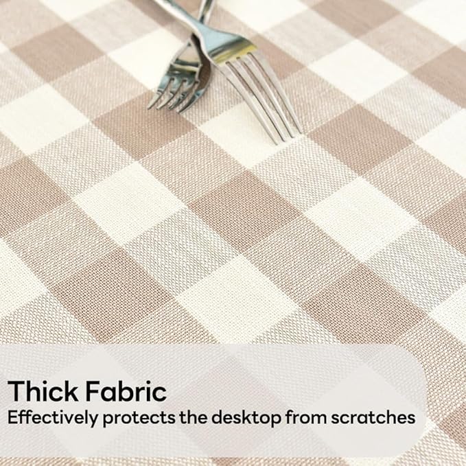 Gingham Table Cloth for Round Tables Beige Checkered Plaid Tablecloth Heavy Duty Cotton Blend Washable & Wrinkle Table Cover for Outdoor Kitchen Dining Picnic Camping (60 inch Diameter)