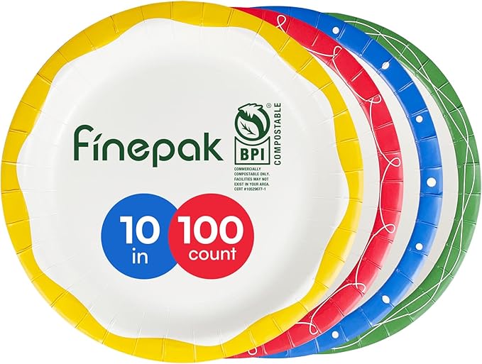 Paper Plates 10 Inch 100PCS, Paper Plates Bulk with 4 Type of Printed Rims, Heavy Duty & Disposable Plate for Family Gatherings,BBQ,Graduation/Retirement Party, Birthday, Wedding
