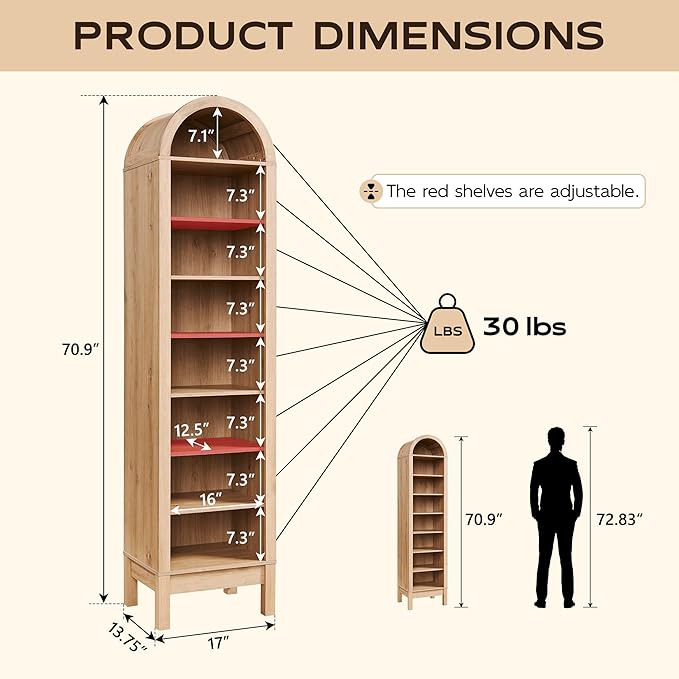 71" Tall Arched Bookshelf, 8 Tiers Arch Bookcase with Storage, Modern Farmhouse Book Shelf with Adjustable Shelves, Wood Bookshelf w/Open Display Shelves for Living Room, Office (Natural)