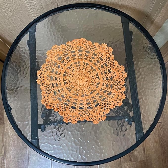 BIBITIME 2PCS Lace Table Doilies Kitchen Placemats Round Handmade Crochet Flower Cup Mug Mat Doily (13 inches to 14 inches,2PCS, Orange)