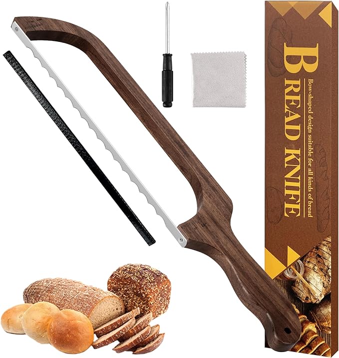 Bread Knife, Sourdough Bread Slicer for Homemade Bread, Bread Cutter with Measuring Scale, Walnut Serrated Knife with Cover and Scoring Tool, Ideal for People Who Love Baking Homemade Bread