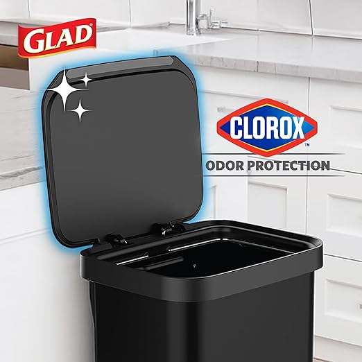 Glad Stainless Steel Step Trash Can, Series 2 with Clorox Protection - Large Black Kitchen Garbage Bin with Soft Close Lid, Foot Pedal and Waste Bag Roll Holder, 20 Gallon