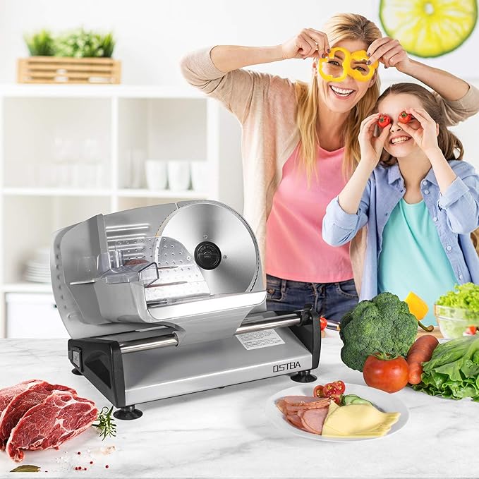 OSTBA Electric Deli Meat Slicer, 200W Food Slicer with 0-15mm Adjustable Thickness, 7.5” Removable Stainless Steel Blade & Food Carriage, Child Safety Lock, Easy to Clean - For Home Use
