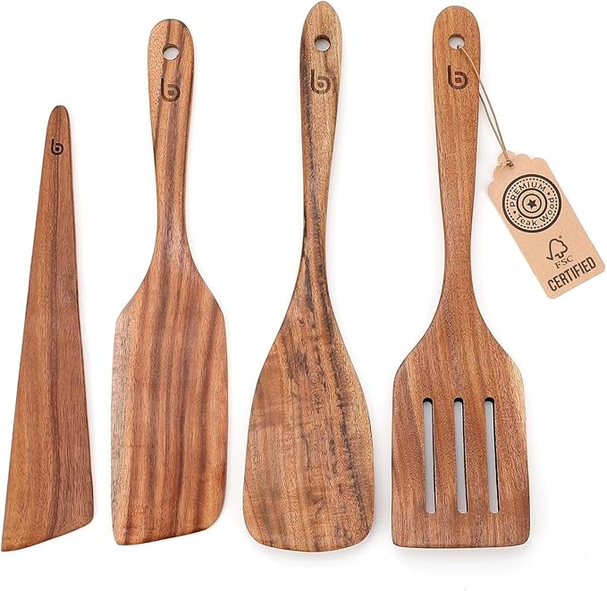 4-Piece Teak Wood Spurtle Utensil Set – Premium Natural Wooden Cooking Tools for Nonstick Cookware, Stirring & Serving – Durable, Non-Toxic Kitchen Spatulas