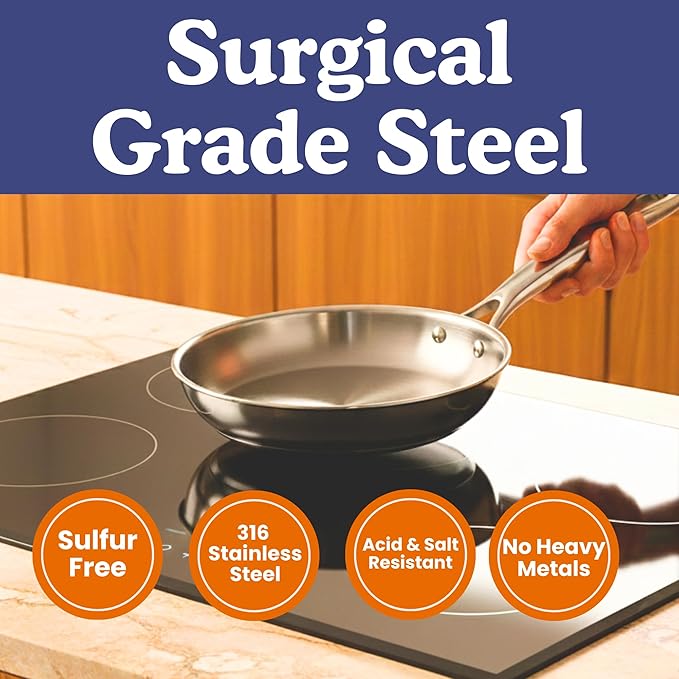 Ziruma Non-Toxic 11" Surgical Grade Stainless Steel Frying Pan, Fully Clad for Fast & Even Heat, PFOA-Free, Induction Compatible, Oven Safe to 500°F