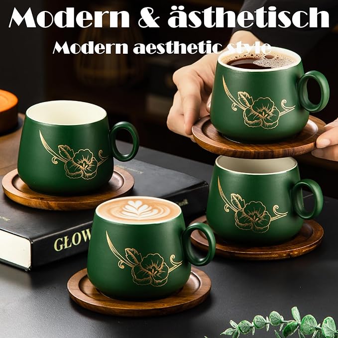 Yundu 10oz Cappuccino Cups & Wooden Saucers Set with Gold Floral Art, Latte Art Cup for Espresso, Coffee & Tea, Modern Matte Green Ceramic Tea Cup Set of 4