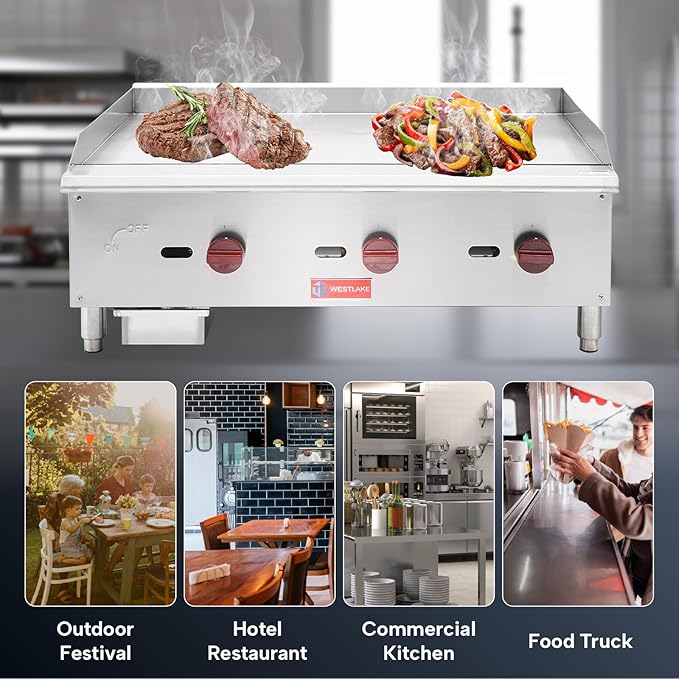 WESTLAKE 36"W Commercial Gas Griddle Countertop Natural Gas and Propane Griddle with 3 Burners 90000 BTU, Stainless Steel Plate Grill for Restaurants