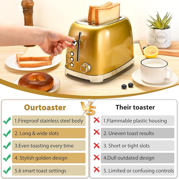 Gold 2 Slice Toaster, Wide Slot Stainless Steel, 6 Shade Settings, Bagel, Defrost & Cancel Functions, Removable Crumb Tray, Different Toast Sizes, Cord Wrap, 825w