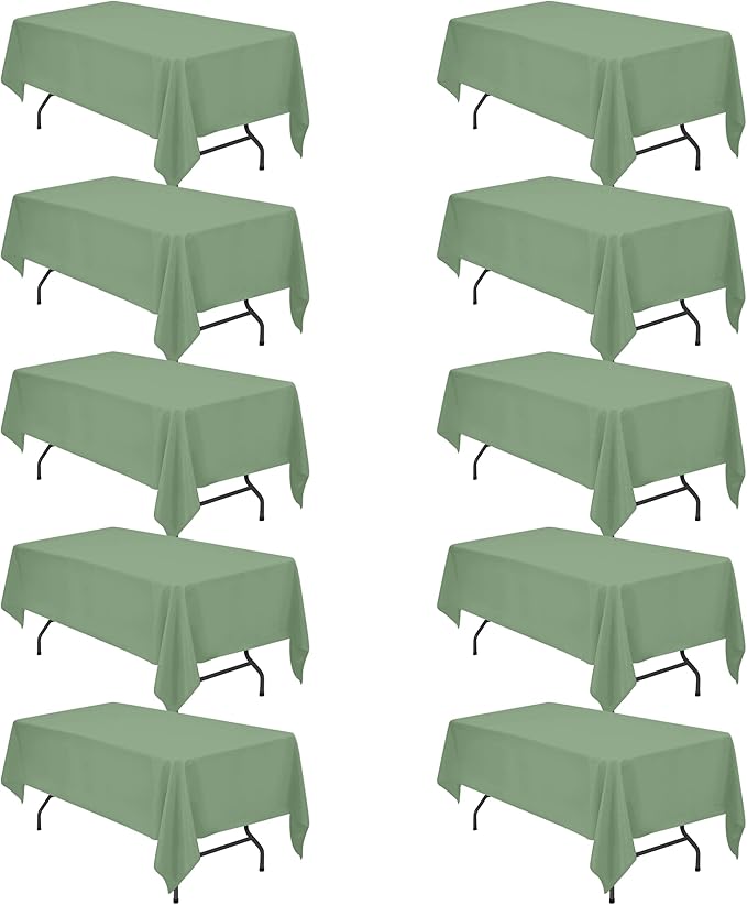 BRILLMAX 10 Pack Sage Green Tablecloths 60 x 102 Inch for 6ft Rectangle Tables - 150 GSM Polyester Fabric, 15" Standard Drop, Water, Stain & Wrinkle Resistant Cloth Cover for Wedding Dining Buffet
