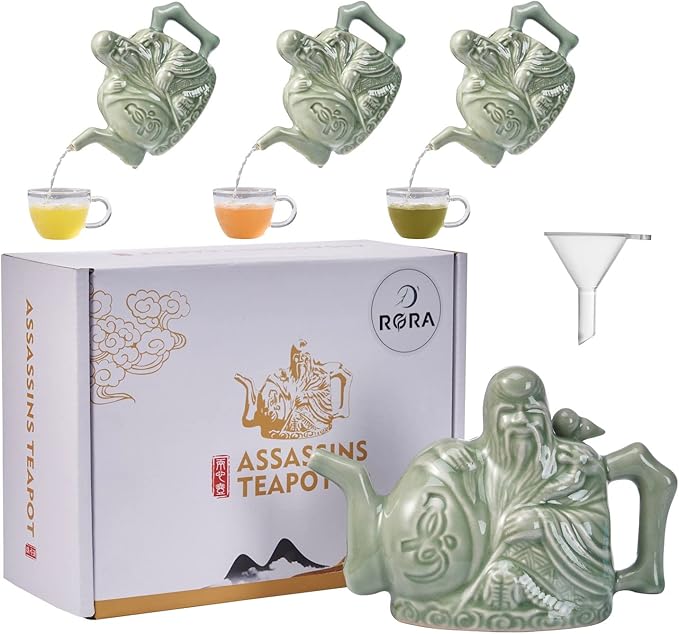 RORA Assassins Teapot Ceramic Handmade Magic Tea Kettle for Three Drinks in One Pot, Two Heart Design Chinese Tea Pot with Mini Funnel, 16 oz