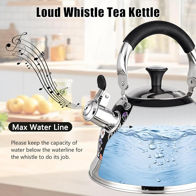 Stainless Steel Whistling Tea Kettle Stovetop - 3.1QT Tea Pot for Stove Top, Vintage Floral Print, Foldable Handle, 304 Stainless Steel Interior Teatop for Tea, Coffee, Party & Gift