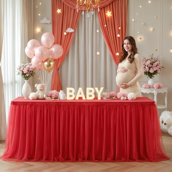 Suppromo 4 Pack 8ft Red Tulle Tablecloths for Rectangle Tables, 8 Foot Red Rectangular Table Cloth Wrinkle Free Tablecover with Tutu Skirt for Baby Shower Wedding Birthday Party Banquet Buffet Cake