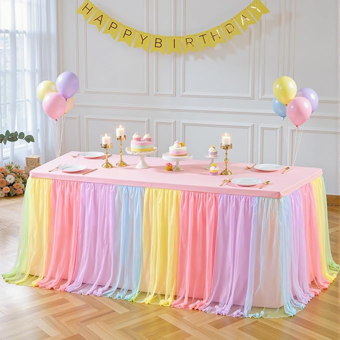 Rainbow Tulle Birthday Party Tablecloth for 6 Foot Rectangular Tables 6ft Rectangle Rainbow Table Cloths for Parties Wrinkle Free Table Cover with Tutu Skirt for Baby Shower Girls Banquet Buffet Cake