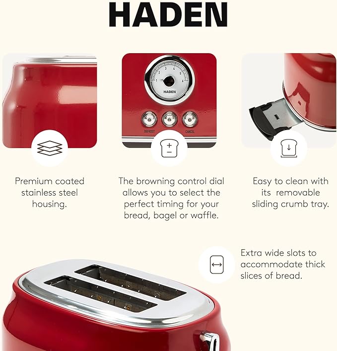 Haden Dorset 2 Slice Wide Slot Stainless Steel Toaster with Adjustable Browning Control & Non-Slip Feet, Putty & Chrome