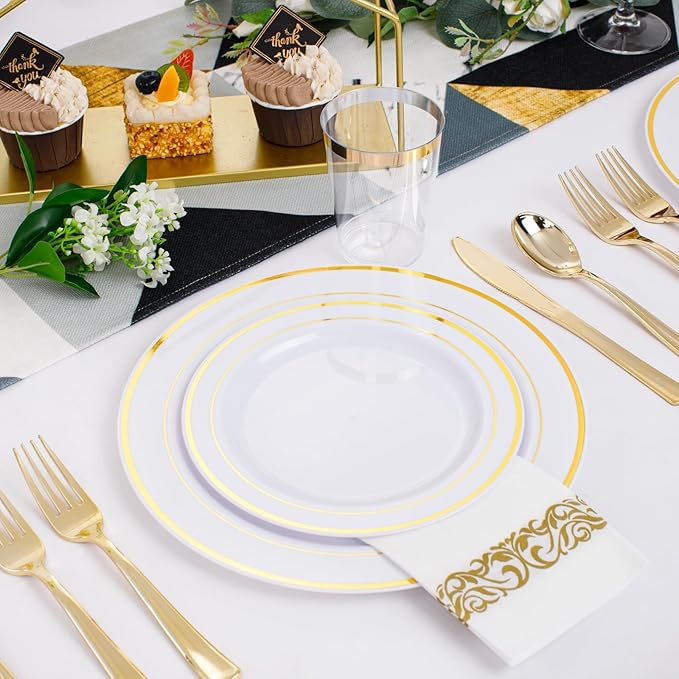 350 Pieces White and Gold Plastic Plates - 50 Guest Dinnerware Set Include 100 Plates, 50 Gold Plastic Silverware, 50 Paper Napkins and 50 Cups for Party Wedding Valentine's Day
