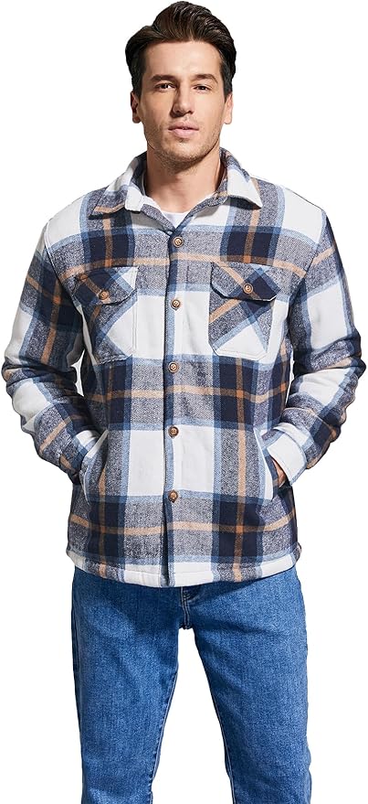 Men's Cotton Sherpa Lined Button Down Flannel Shirt Jacket Plaid Soft Outdoor Flannel Jacket Shirt