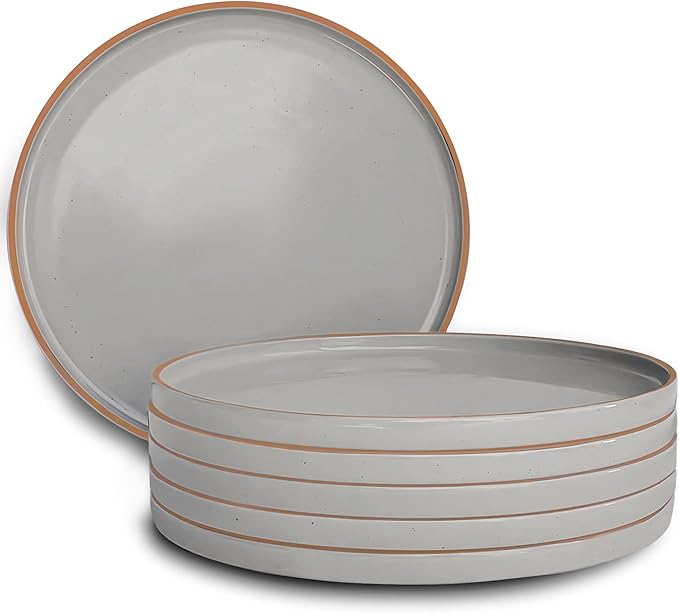 MORA Ceramic Flat Dinner Plates Set of 6, 10.5 in High Edge Dish Set - Microwave, Oven, and Dishwasher Safe, Scratch Resistant, Modern Dinnerware- Kitchen Porcelain Serving Dishes - Earl Grey