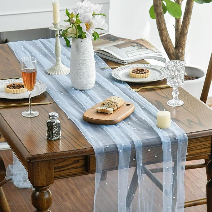 Artoid Mode 6PCS Pearl Blue Gauze Table Runner 120 Inch 10FT, Seasonal Sheer Dining Holiday Wedding Birthday Baby Shower Table Decor for Home Party
