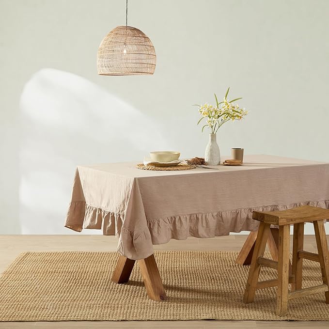 MONDAY MOOSE Ruffle Farmhouse Rustic Rectangle Natural Stonewashed Cotton Tablecloth for Kitchen, Dining Room, Restaurant (60x120 inch, Natural)