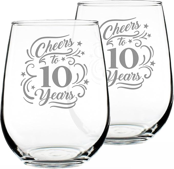 Bevvee Cheers to 10 Years - Stemless Wine Glass Gifts for Women & Men - 10th Anniversary Party Decor - Set of 2 - Large 17 Oz Glass