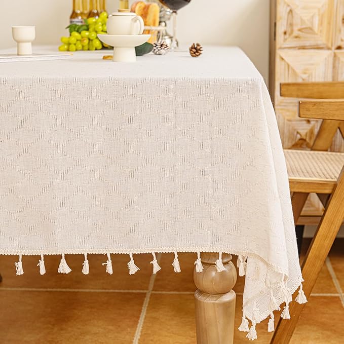 Fringed Polyester-Linen Tablecloth, Square Dining Table Diamond Jacquard Checkered Tablecloth, Multiple Styles of Bohemian Rustic Pastoral tablecloths 55x55 inches