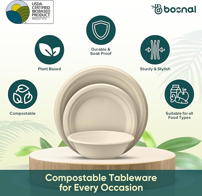 BOSNAL 10 inch & 7 inch Round Plates with 16 oz Bowls – 100% Plant-Based Sugarcane Bagasse, Eco-Friendly Disposable Dinnerware for Hot & Cold Meals, Microwave Safe, Compostable, Durable & Sustainable