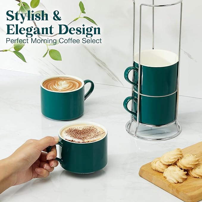 10 Ounce Green Porcelain Stackable Cappuccino Cups with Stainless Steel Holder, Set of 4, Durable Ceramic, Perfect for Home, Office or Gift