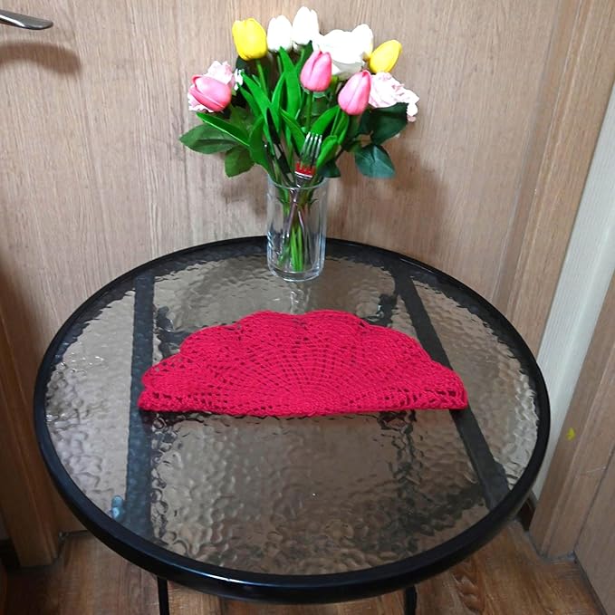 BIBITIME Round Flower Lace Doilies Vase Mats Kitchen Tablecloth Dish Plate Mat Handmade Crochet Table Doily Placemats (Rose Red, 11.8 in to 13.8 in,1PC)